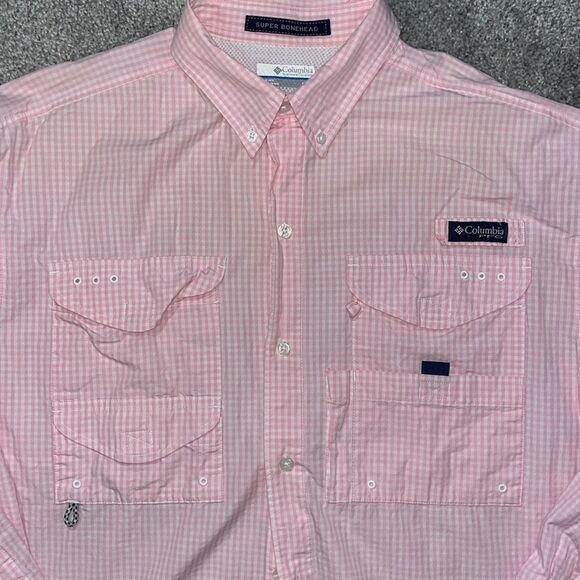 Columbia Classic PFG Vent Pink White Gingham Cotton Super Bonehead Fishing Shirt - Picture 1 of 7